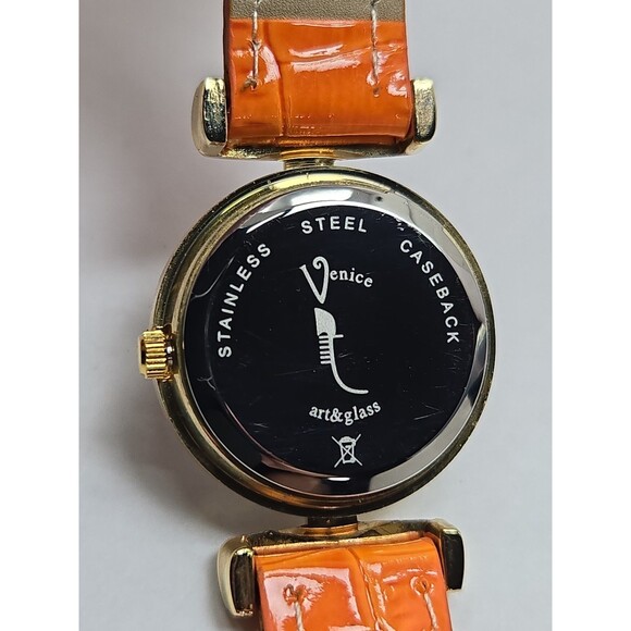 Venice Art Glass Murano Millefiori Gold Tone Orange Round Wristwatch New Battery main image 8